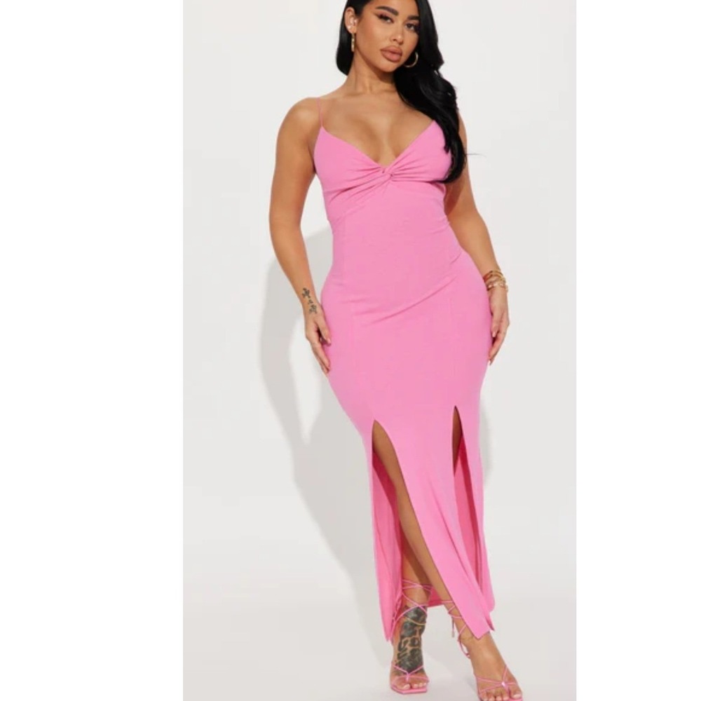 Fashion Nova New Double The Trouble Maxi Dress Barbie Pink Ribbed Slit Bodycon L